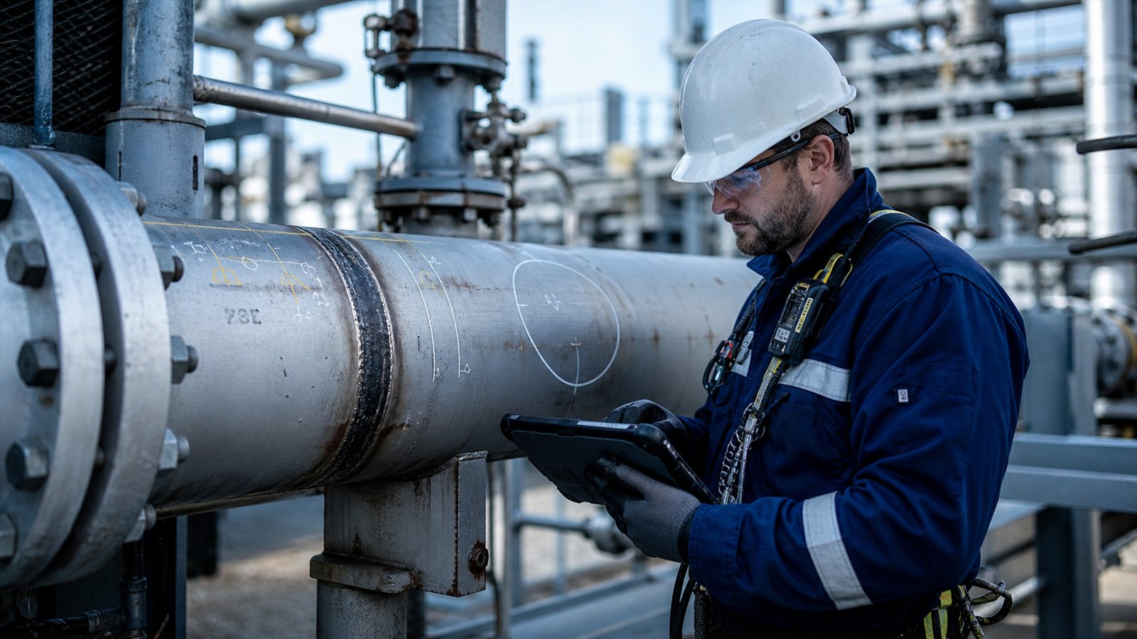 Field inspector examining industrial pipe while reviewing digital inspection information