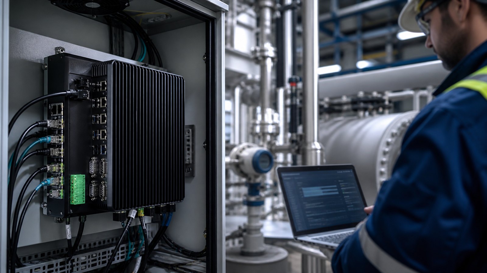 Illustrative industrial edge computer supporting local AI workloads beside process equipment
