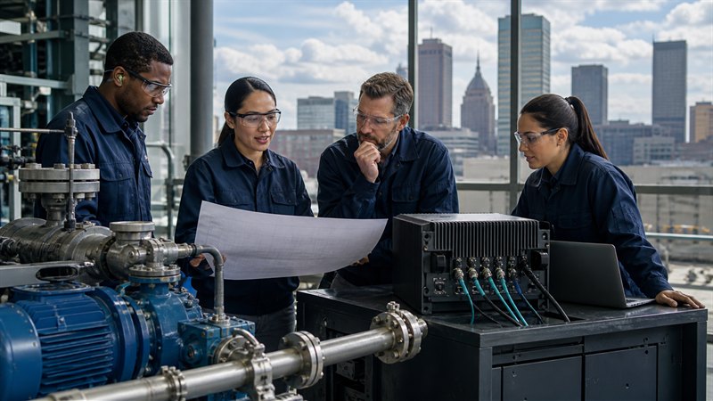 Illustrative industrial AI team reviewing an energy-technology deployment plan beside process equipment