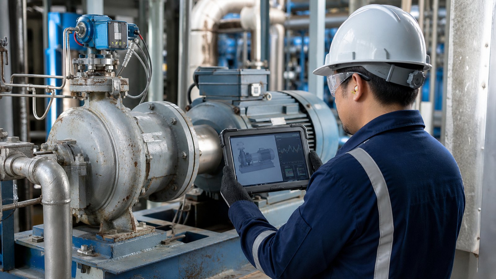 Engineer comparing a physical industrial pump with its digital operating model
