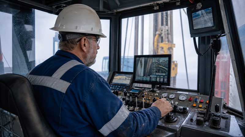 Drilling operator reviewing live rig conditions and engineering guidance in a control cabin