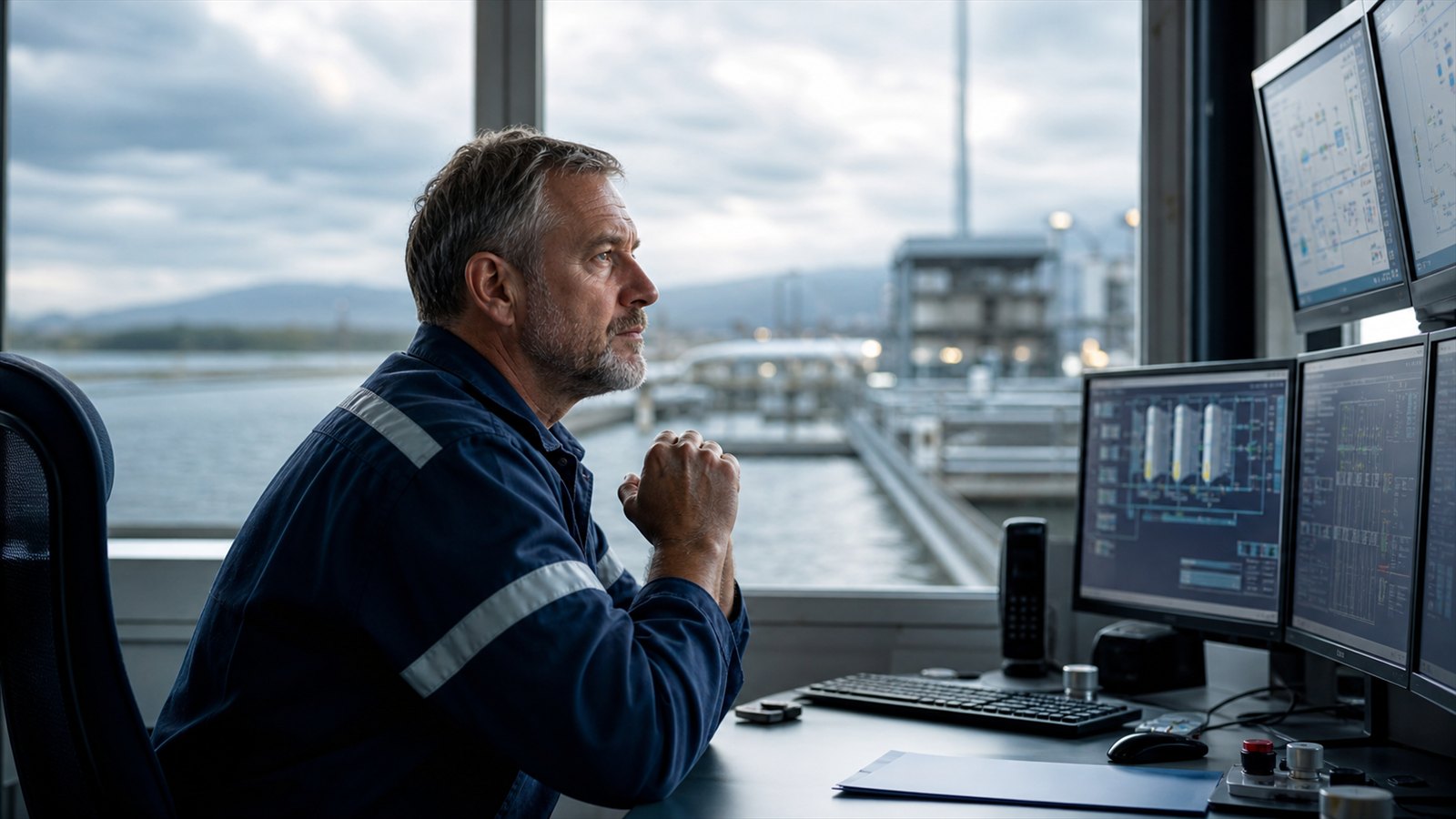 Industrial supervisor reviewing facility operations in a modern control room